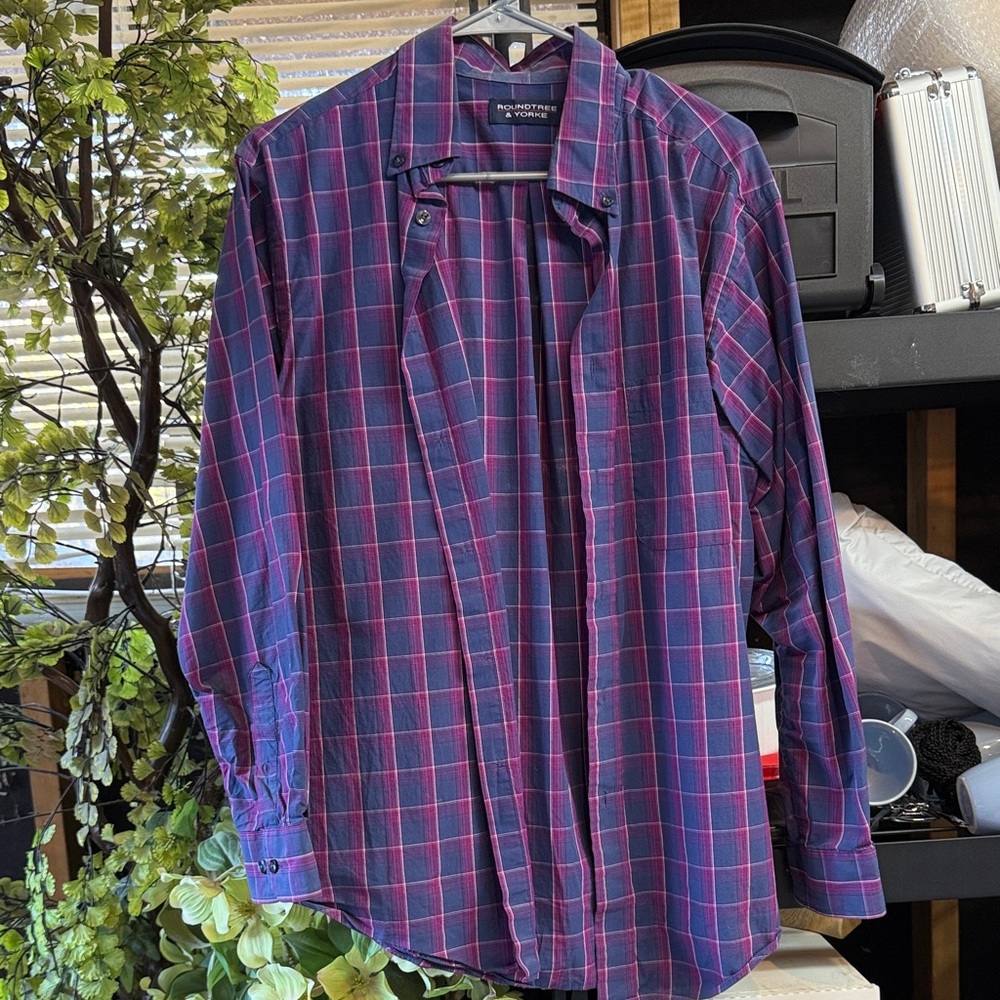 Roundtree & Yorke Blue and Pink Plaid Shirt